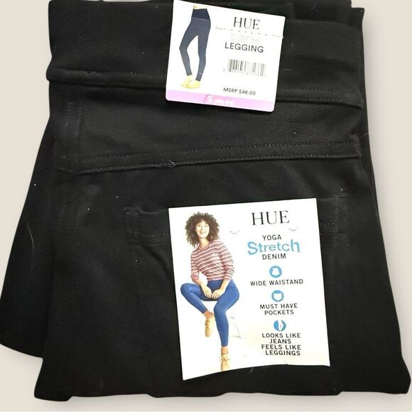 HUE Black Denim Leggings Wide Waistband — Size 4-6 - Picture 6 of 9